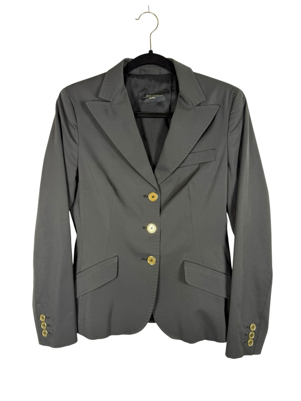 Max Mara Weekend Black Single Breasted Three Gold Button Blazer Sz 8